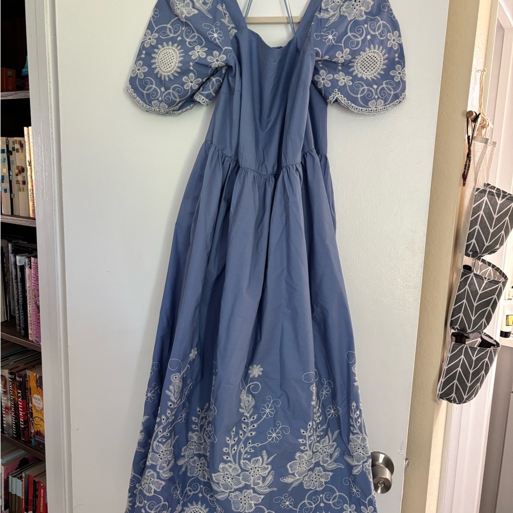 Sky Blue Dress with White Embroidery